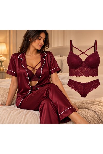 VİP SECRET 4-Piece Set: Satin Short-Sleeve Set and Underwear Set