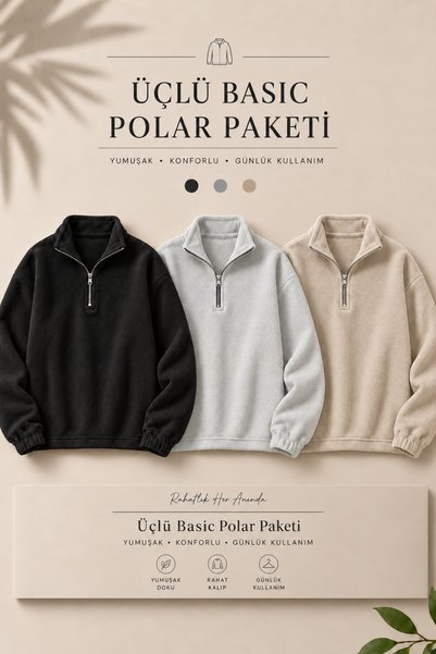 DAMGA JEANS 3 ανδρικά φούτερ από φλις με μισό φερμουάρ που κρατούν ζεστά