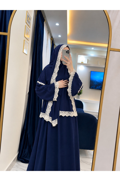 Duru Colletion Gül Dantel Detaylı Kendinden Başörtülü Namaz Elbisesi - Lacive...