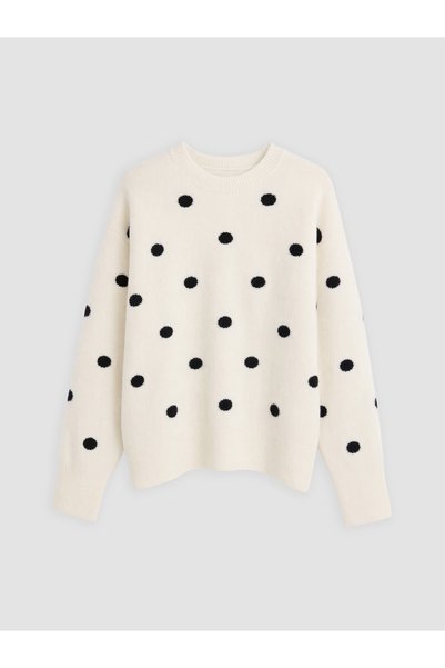 LC Waikiki TWO MT SHOP QUALITY LCW Modest Ecru Knit Polka Dot Oval-Neck Women...