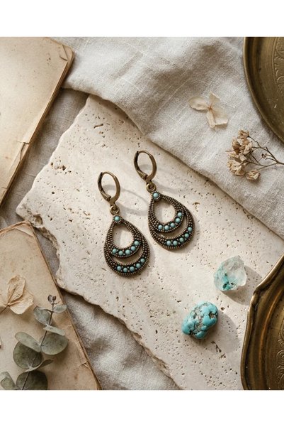 Dorvina Bronze Earrings: Authentic Copper Jewelry with Turquoise Stone, Teard...