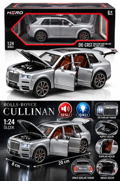 PONİKİDO Rolls Royce Cullinan 1:24 Ölçek Işıklı Sesli Metal Oyuncak SUV 20 cm...