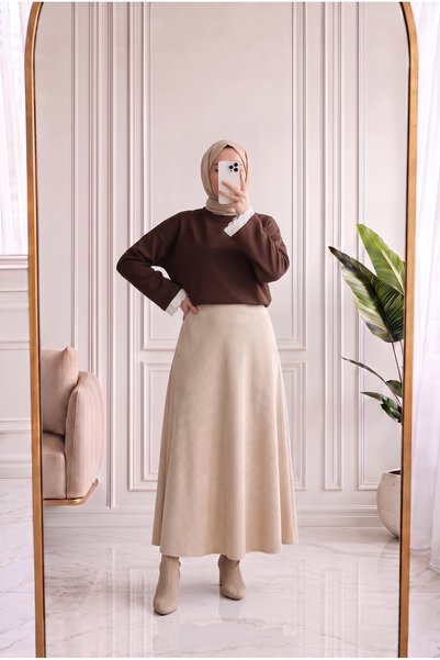 MİHRA STORE Ahugül Short Blouse with Lace Trim - SS13235 Brown
