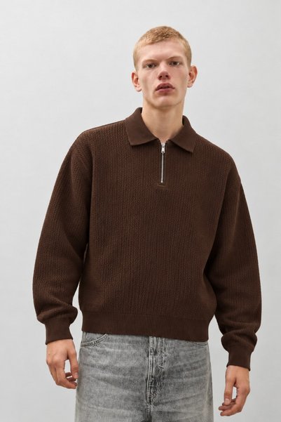 DAMGA JEANS Men’s Zip-Up Boat Neck Knit Casual Coffee-Colored Sweater