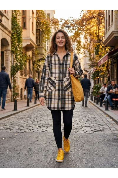 Polologin Butik Women's Oversized Plaid Flannel Shirt with Yellow Stripes - S...