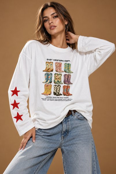 Moda Neval Kadın %100 Pamuk Oversize Uzun Kollu Boxy Fit Ekru Tişört Cowboy B...