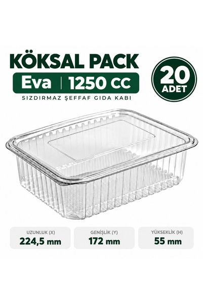 Köksal Pack 20 Eva 1250 CC Leak-Proof Clear PET Food Containers with Flat Lid...