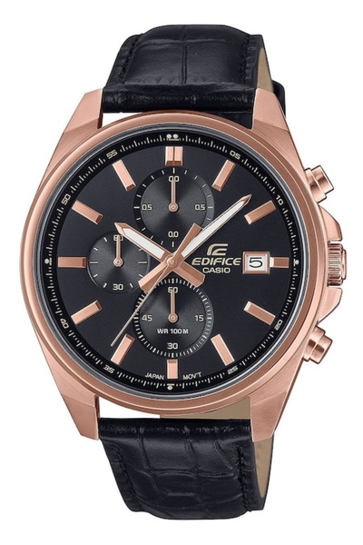Casio Мъжки часовник Edifice, кварцов, черен, 44 мм, с каишка от кожа
