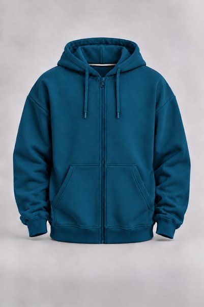 EVIus Unisex Petrol Blue Hooded Zipper Basic Cardigan, 3-Ply