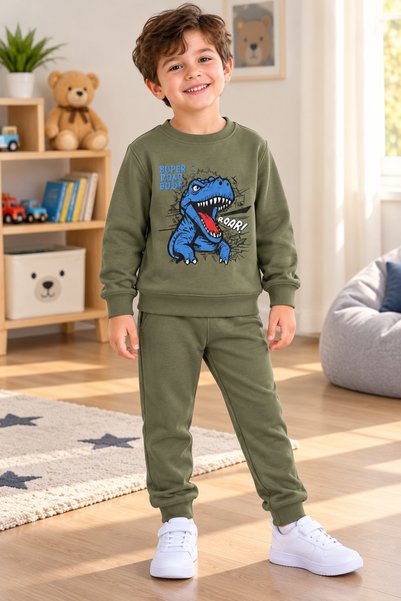 SERPİL Boys' Dinosaur-Printed 2-Piece Sweatsuit Set – Khaki Sweatshirt and Sw...