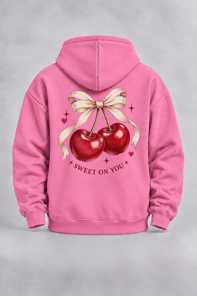 EVIus Unisex Pink Hooded Zippered Front and Back Cardigan with Cherry Print, ...