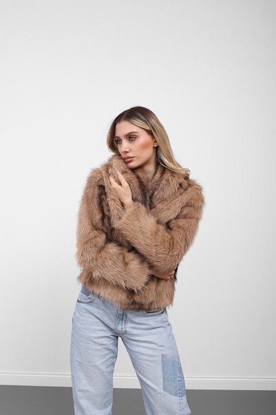 Serica Moda Palton premium din blană artificială căptușită cu model Camel