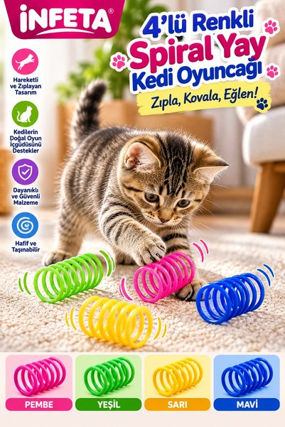 İnfeta 4-Piece Colorful Spiral Spring Cat Toy, Flexible Bouncing Moving Cat P...