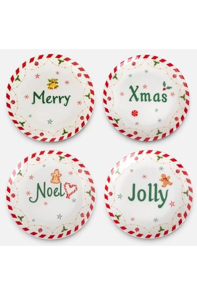IRO Set of 4 Christmas porcelain plates, 19 CM, Red/White