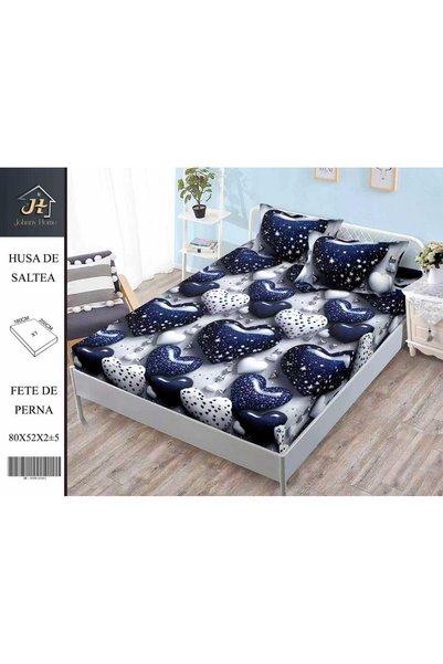 OEM Cearșaf cu elastic 180x200 cm din finet gri deschis, inimi bleumarin și a...