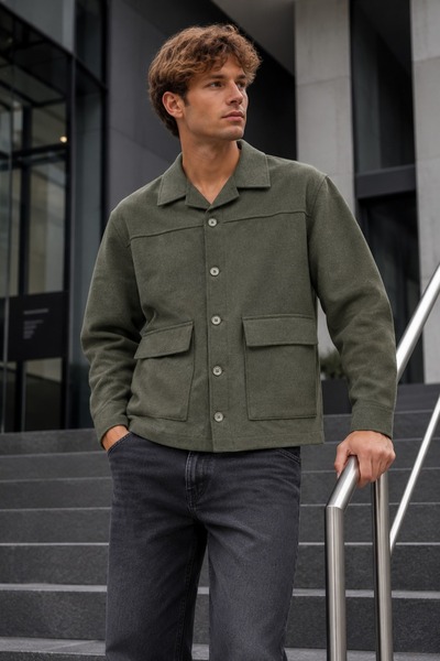 DAMGA JEANS Men's Double-Pocketed, Button-Up, Transitional Khaki Jacket
