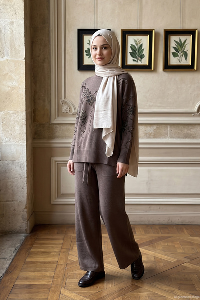 Levidor Stone-Embellished Detailed Knit Set 101064 Gray