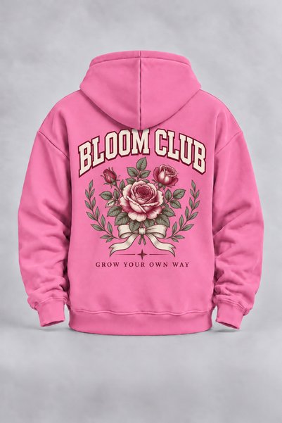 EVIus Unisex Bloom Club Pink Hooded Front Zippered Cardigan with Front and Ba...