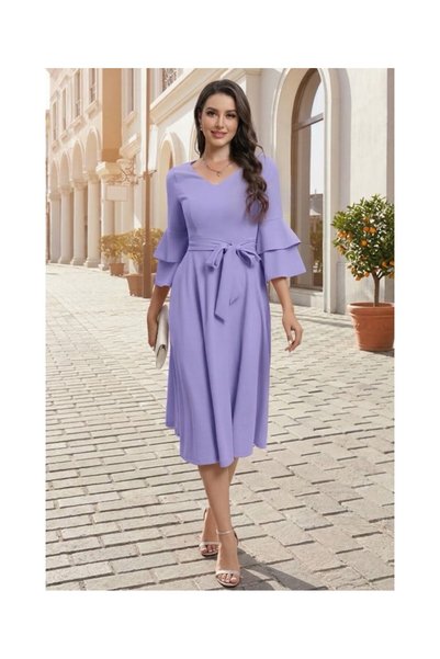 Voguet Elegant midi dress with ruffled sleeves, lavender purple