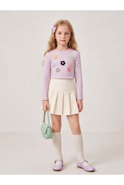 Zekids Girls' long-sleeved blouse with colorful floral embroidery and ribbed ...