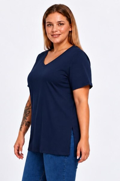 Seamoda Plus Size V-Neck Slit Cotton Basic T-Shirt - NAVY