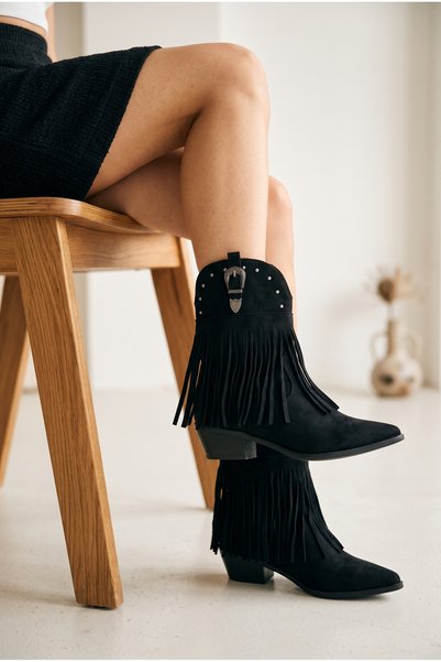 MERVESTORE Women's Tasseled Western Cowboy Boots with Studded Detail