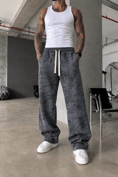 MADZEYMODA Men's Baggy Acid-Wash 3-Ply Brushed Inside Charcoal Grey Sweatpant...