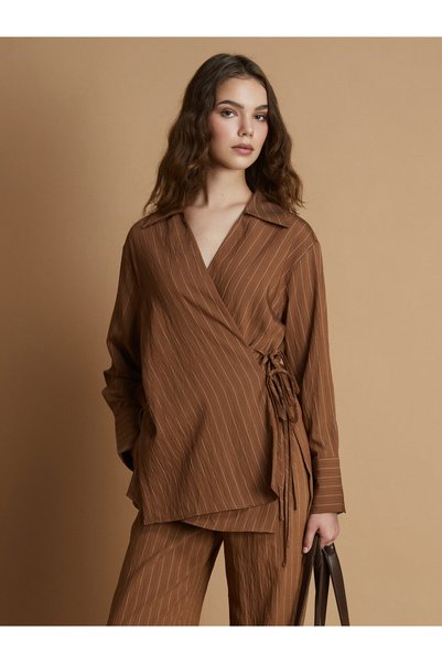 LC Waikiki TWO MT SHOP QUALITY LCW Modest Brown Striped Tie-Detail Women's Shirt
