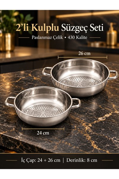 BİODATA Set of 2 Stainless Steel Strainers with Legs and Handles, 24 and 26 c...