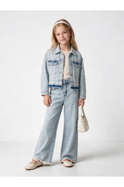 Zekids Jachetă din denim pentru fetițe, cu broderii cu perle și flori