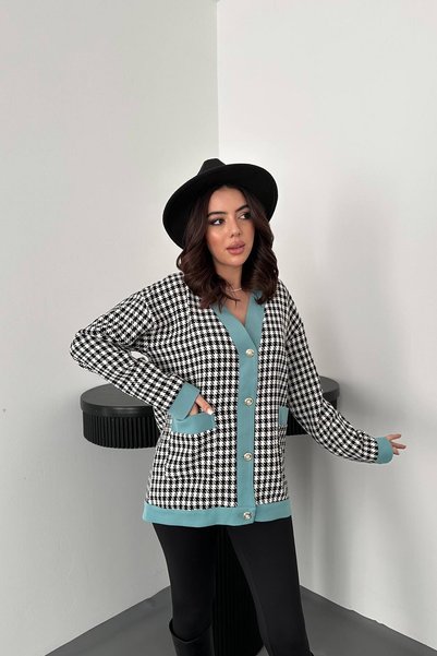 WeShaya Black Atlas Garnished Houndstooth Cardigan