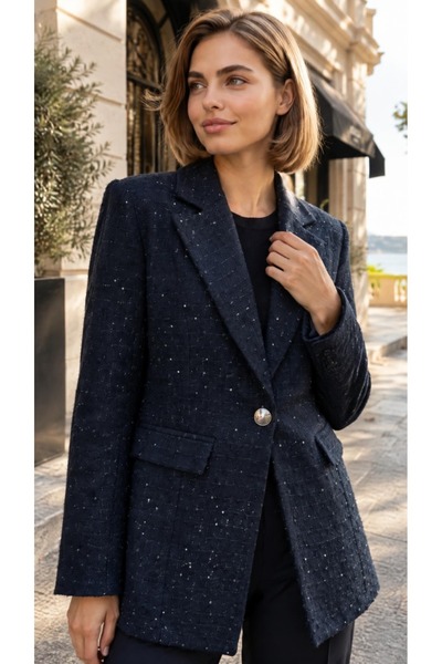 BLUSS Women's Glittery Tweed Single-Button Blazer - NAVAL Navy Blue