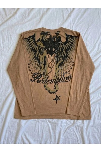 Karakedi Brown Retro Redemption Cross Cyber Grunge Y2K Unisex Slim-Fit Long-S...