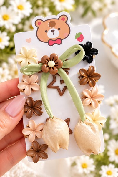 Generic Brand Girls' Brown Flowered Tulip-Shaped Buckled Hair Clip Set