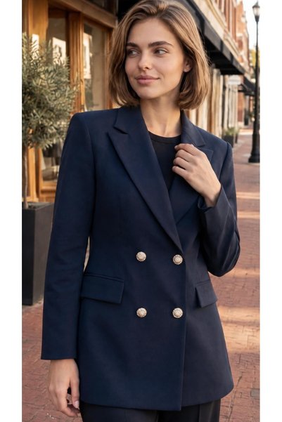 BLUSS Women's Double-Breasted Blazer - NIGHT SAIL Navy Blue