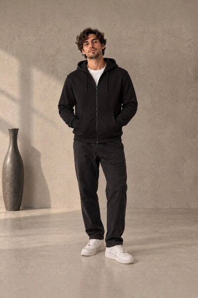 Erkek 3 İplik İçi Polarlı Kapüşonlu Kışlık Regular Fit Fermuarlı Sweatshirt Ceket
