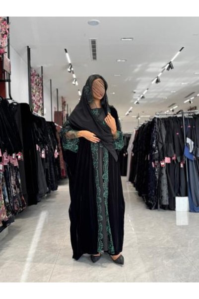 DAR LAHA Abaya D706 - Velvet Fabric with Lace Inserts, Half-Sleeve Design - B...