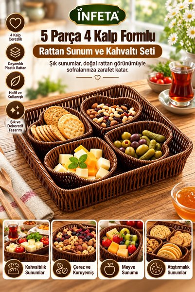 İnfeta 5-Piece 26x26 cm Plastic Rattan-Look Basket Breakfast and Snack Servin...