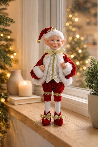 Comerivo Spiridusel decorativ cu haita rosie de Craciun, 30 cm, pentru agasar...
