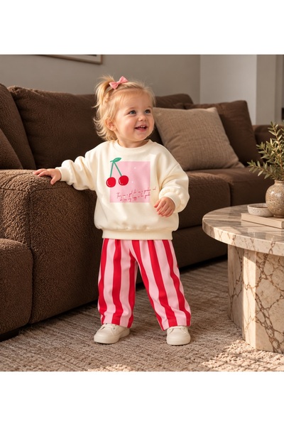 Valia Baby Cherry Model Çizgili %100 Pamuklu Kız Bebek 2’li takım