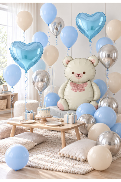baloss fer Bebek Mavisi Ayıcık Gümüş Deluxe Balon Seti 23 Parça Makaron Mavi ...