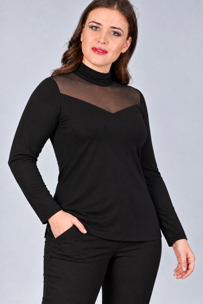 Curvy Trend Büyük Beden Roba Tül Yarım Balıkçı Yaka Uzun Kol Bluz