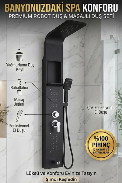 banyonatural Paslanmaz Çelik Siyah Renk Masajlı Duş Paneli - Premium Robot Duş ve Duş Seti