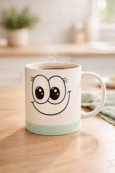 Comerivo Cană din ceramică albă cu față zâmbitoare, roz sau verde mentă, 315 ml