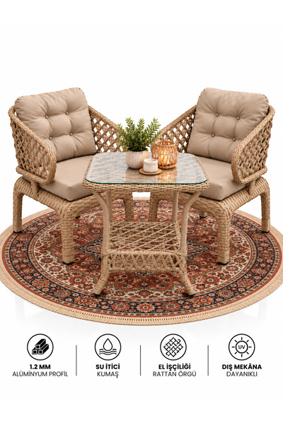 Çavdar Group Cenevre Raddan 1+1 Bistro Set Minderli 2 Kişilik Raddan Oturma G...