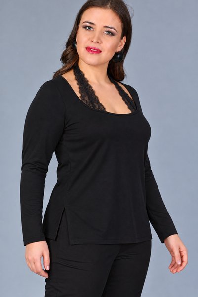 Curvy Trend Büyük Beden Dantel Bağlamalı Uzun Kol Bluz