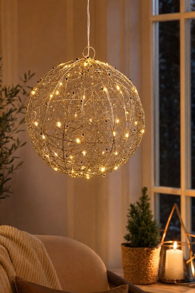 Comerivo Glob decorativ cu 50 LED-uri alb cald, structura metalica sampanie s...