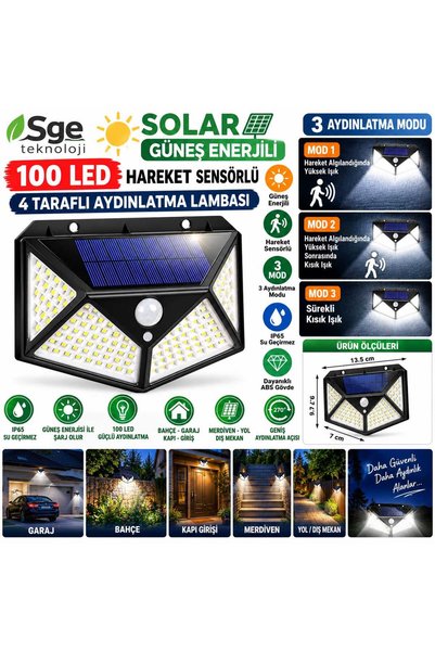 sgeteknoloji 4 Taraflı Solar Güneş Enerjili Hareket Sensörlü Bahçe Garaj Ev A...