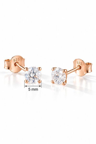 Nereze 925 Ayar Gümüş Rose Kaplama 5 mm Yuvarlak Star Kesim Minimal Tektaş Küpe