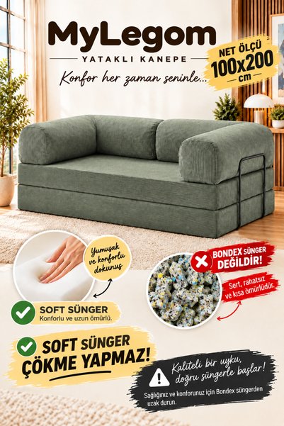 Ravessi MyLegom 100x200 Açılabilir Yataklı Kanepe, Fitilli Kadife Katlanır Di...